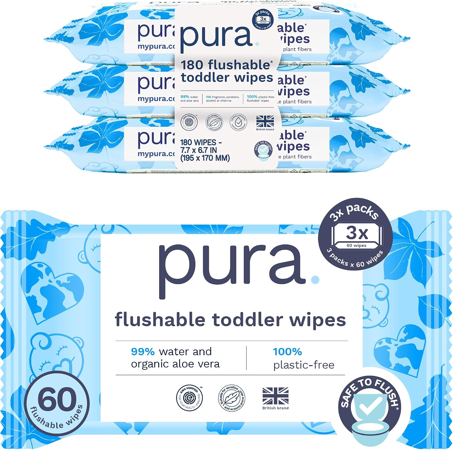 Flushable Toddler Wipes for Sensitive Skin- (12 x 60 Pack)