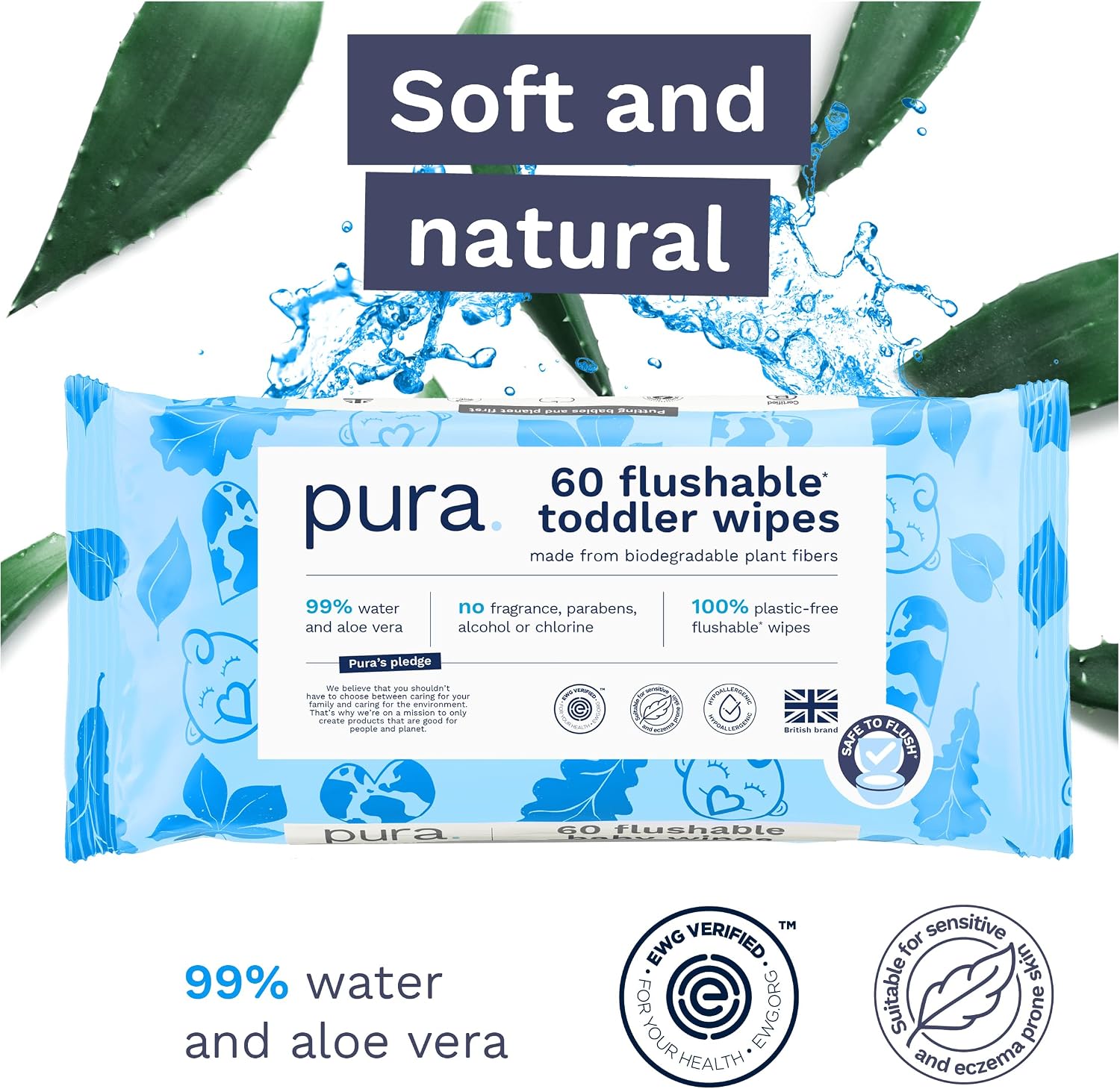 Flushable Toddler Wipes for Sensitive Skin- (12 x 60 Pack)